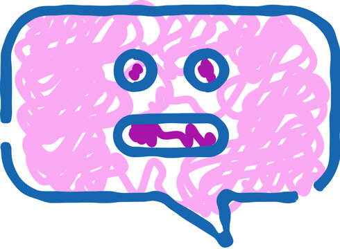 Speech bubble icon with a confused face and messy pink scribble fill, simple blue outline on white background conveying miscommunication, frustration, doubt, and mental stress