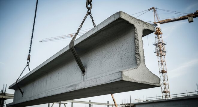 Concrete Ibeam suspended by chains at construction site.