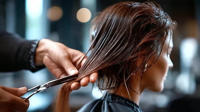 Stylist snipping strands of wet hair with scissors, bright modern salon setting, professional hair cutting, precise trimming technique, fresh haircut moment, faceless hands