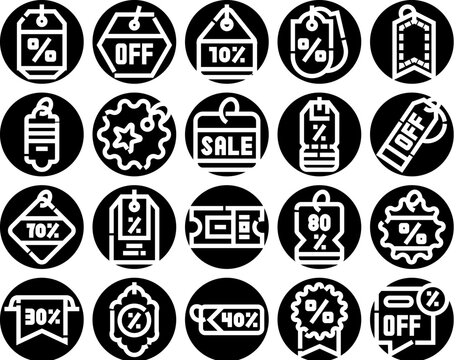 Collection compiling various icons illustrating different marketing promotions, including discount percentage tags, sale labels, and price off stickers, useful for retail advertising