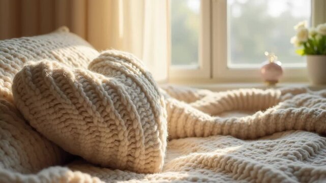 A cozy bedroom scene with a beige knit heart pillow on a bed with a textured blanket, a window with sunlight streaming in, and a soft, warm atmosphere 
