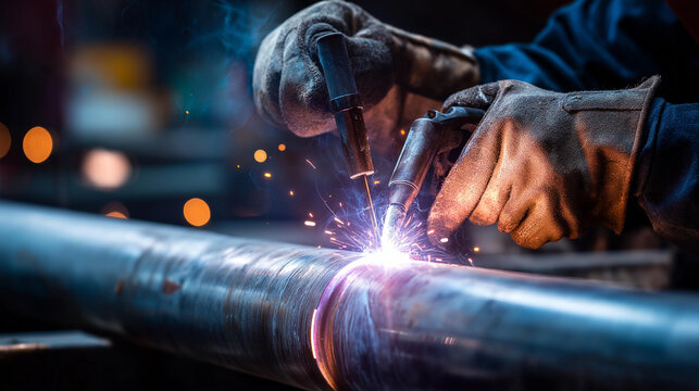 Welding technician using torch to repair industrial pipe fitter joint in maintenance workshop with sparks and protective mask