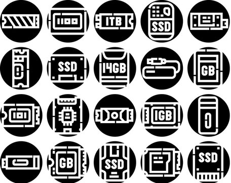 Computer hardware and information storage glyph icons presenting various digital data devices including solid state drives, ram, flash drives, and memory cards for technology concepts