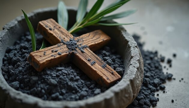 Wooden cross with olive branch in bowl of ashes. Religious symbol for Ash Wednesday Lent and Easter. Represents faith repentance peace and new life.