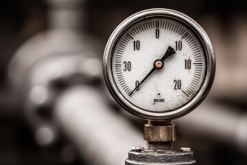 Close-up of a pressure gauge with a white face and black numbers, indicating pressure in an industrial setting with metallic pipes and fittings in the background.