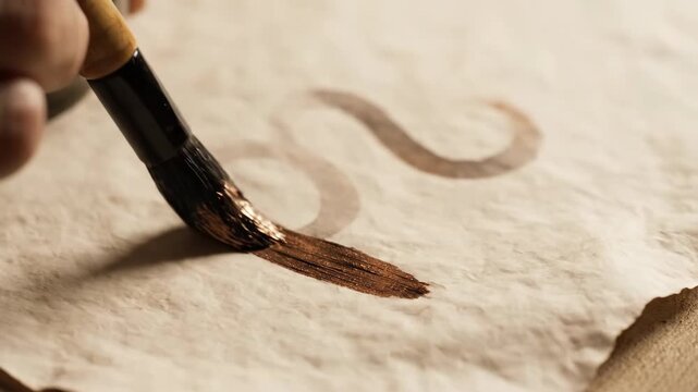 Calligrapher dips brush into ink cup and writes on vintage paper. Artistic process of creating letters with metallic paint. Tradition, skill and craft concept.