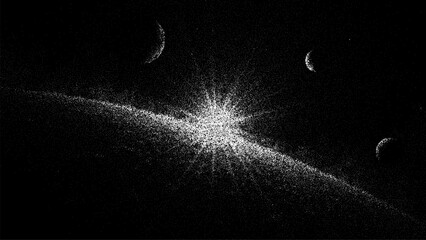 Space view with planet and star in stipple illustration style. Dotted galaxy background with glowing sun and lunar crescent. Astronomical sketch design for cosmic science concept. © hiten666