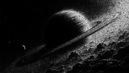 Saturn ringed planet in black and white stipple art style. Retro cosmic illustration of solar system, dotted space texture. Conceptual galaxy background for astronomy exploration. © hiten666
