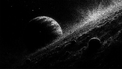Space background with planets made of stipple effect. Abstract cosmos scenery with dot pattern overlay. Artistic starry night sky texture for digital design element and graphic project. © hiten666