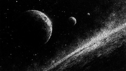 Space background with planets and stars created in dot stipple technique. Monochrome grain texture illustration of galaxy. Cosmic night sky art for creative wallpaper and poster design. © hiten666