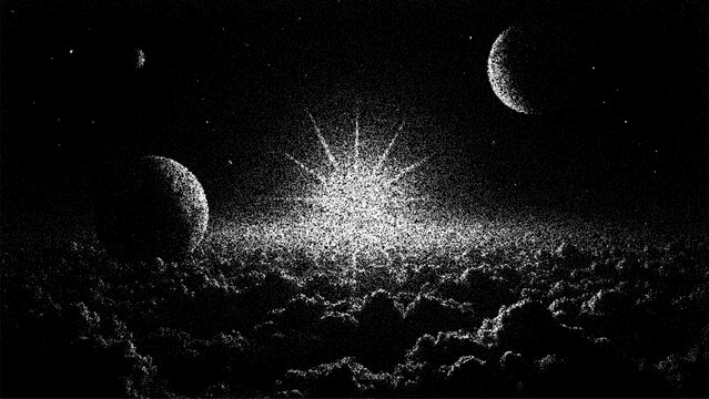 Space landscape with stipple effect showing planets and sun over clouds. Dot art illustration of galaxy. Monochrome drawing for vintage science fiction aesthetic and cosmic wallpaper design.