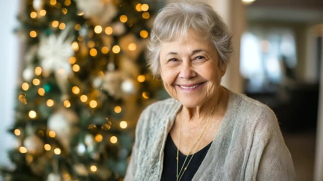 Elderly woman smiling against festive lights backdrop, family values content, holiday cheer imagery, warm memories theme, seasonal celebration mood, senior joy display, faceless