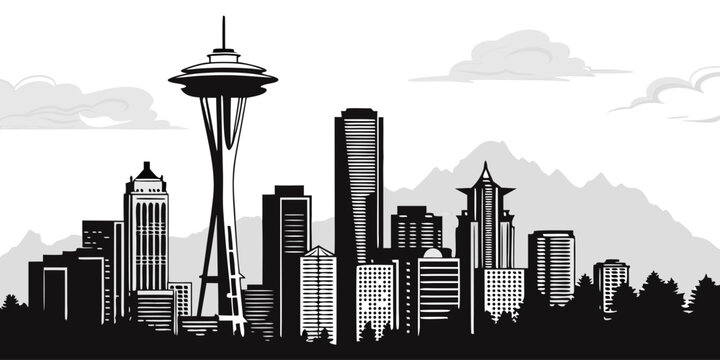 USA, US, U.S, United States - Seattle skyline with space needle silhouette modern black and white panorama 