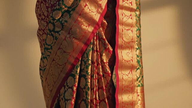 Traditional Indian saree with intricate patterns in warm sunlight
