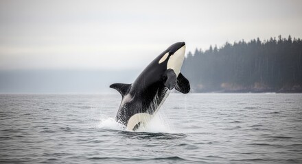 Obraz premium Majestic orca leaps from the ocean in a breathtaking display of power.