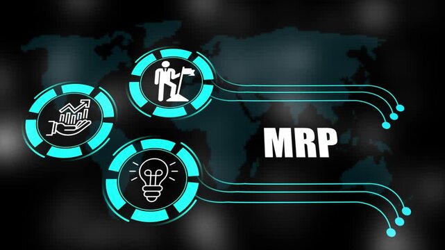 MRP concept with icons of business, responsibility, customers, integrity, goals, teamwork, commitment and innovation. 4k animation.