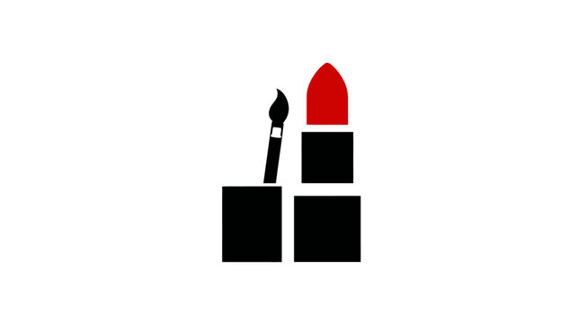 A stylized makeup illustration featuring a lipstick and a brush, with a red lipstick top