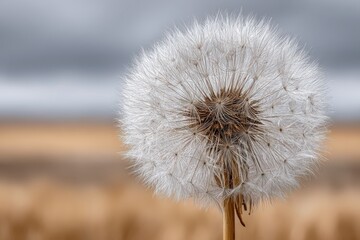 Naklejka premium Detailed close-up of a dandelion seed head, showcasing intricate seed structure, against a soft background with a muted sky, and brown field bokeh.