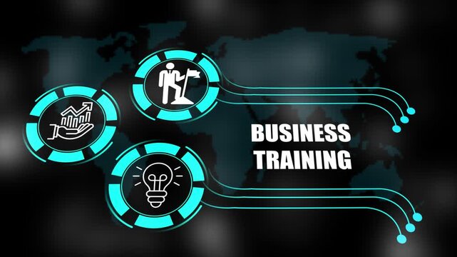 business tarining concept with icons of business, responsibility, customers, integrity, goals, teamwork, commitment and innovation. 4k animation.
