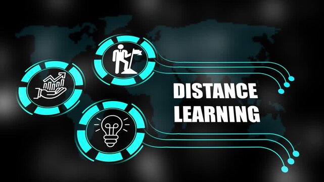 distance learning concept with icons of business, responsibility, customers, integrity, goals, teamwork, commitment and innovation. 4k animation.