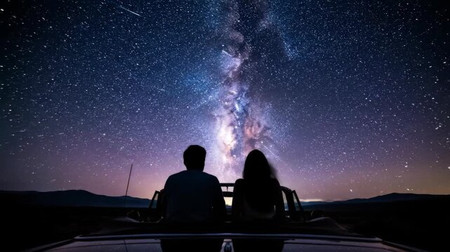 Man and woman siting in car looking at milky way in night sky. Romantic couple viewing stars in galaxy above landscape during stargazing event at midnight. space
