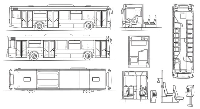 Modern City Bus Blueprint Vector &ndash; Public Transport Vehicle Interior Seating Layout Multi View Technical Drawing Isolated on White