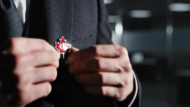 Man in business suit pinning a maple leaf badge onto his blazer lapel. Professional citizen showing national pride. Government official attire detail sequence.
