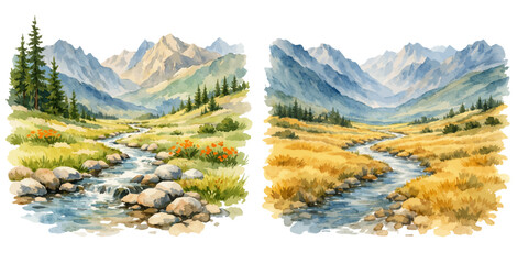 A watercolor collection of Tibetan mountain valleys with rivers for travel illustrations, Himalayan landscape artwork, nature decor, and adventure themed designs. © liana