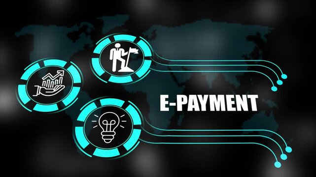 E-PAYMENT concept with icons of business, responsibility, customers, integrity, goals, teamwork, commitment and innovation. 4k animation.