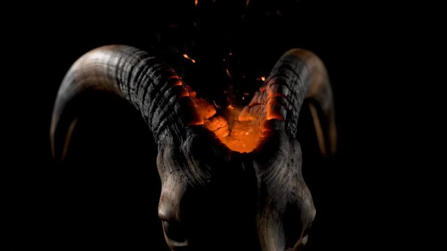 Goat skull engulfed in flames on dark background. Burning animal bone with glowing embers and smoke rising. Supernatural horror and occult ritual symbolism concept.