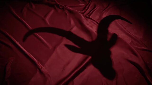 Shadow of goat skull on red silk fabric. Dark mystical design with animal horn silhouette. Occult symbol for ritual ceremony and gothic interior decoration.