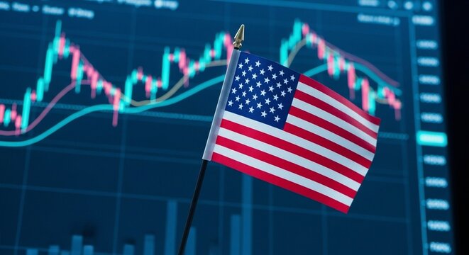 A small American flag stands in front of a stock market graph display screen