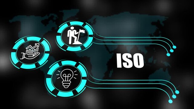 ISO concept with icons of business, responsibility, customers, integrity, goals, teamwork, commitment and innovation. 4k animation.