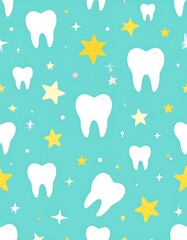 Whimsical turquoise background featuring an array of large and small white teeth, interspersed with yellow stars of varying sizes, and scattered sparkles