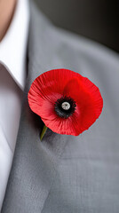 Red poppy lapel pin on a grey suit jacket, symbolizing remembrance, respect, and honoring veterans and fallen soldiers on special commemoration days like ANZAC day or VE day
