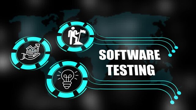 software testing concept with icons of business, responsibility, customers, integrity, goals, teamwork, commitment and innovation. 4k animation.