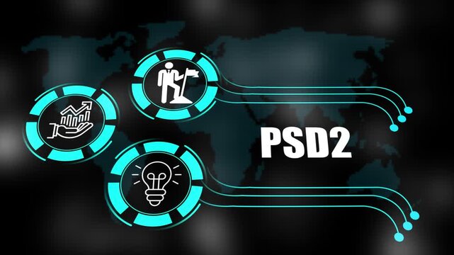 psd2 concept with icons of business, responsibility, customers, integrity, goals, teamwork, commitment and innovation. 4k animation.