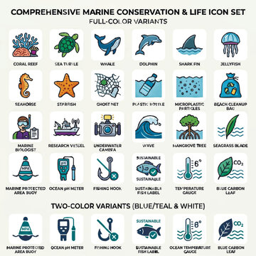 A vector icon set about marine conservation and ocean life. Includes icons for sea animals, plastic pollution, and scientific research. Comes in full-color and two-color variants. Vector illustration