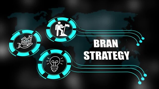 bran strategy concept with icons of business, responsibility, customers, integrity, goals, teamwork, commitment and innovation. 4k animation.
