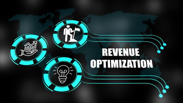 revenue optimization concept with icons of business, responsibility, customers, integrity, goals, teamwork, commitment and innovation. 4k animation.