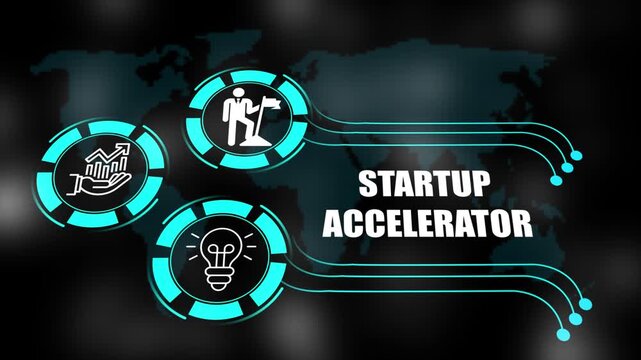 startup accelerator concept with icons of business, responsibility, customers, integrity, goals, teamwork, commitment and innovation. 4k animation.