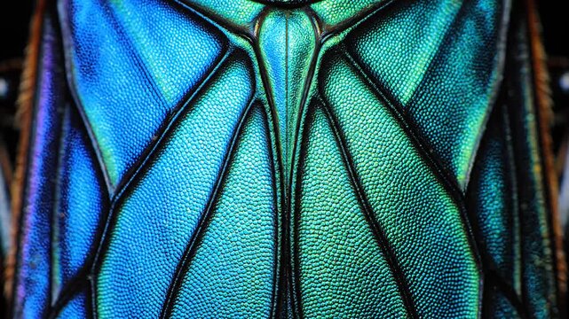 Close up iridescent blue and purple insect exoskeleton macro texture