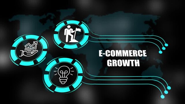 e-commerce growth concept with icons of business, responsibility, customers, integrity, goals, teamwork, commitment and innovation. 4k animation.