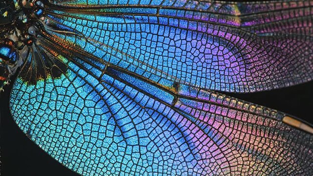 Close up iridescent dragonfly wing showing intricate blue and purple veins