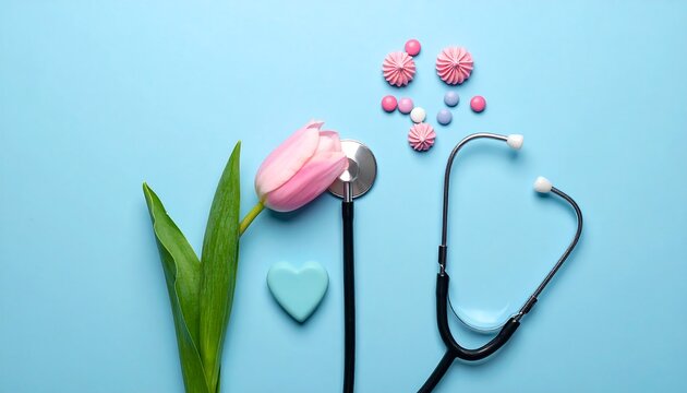 Overhead shot of a stethoscope next to a pink tulip and other healthcare-related objects on a light blue background