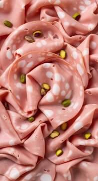 Thinly sliced mortadella with whole pistachios scattered on top