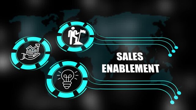 sales enablement concept with icons of business, responsibility, customers, integrity, goals, teamwork, commitment and innovation. 4k animation.