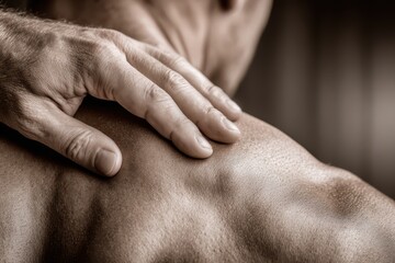 Close up view of a man's shoulder and hand, sepia toned to highlight textures and muscle definition, creating a sense of relaxation and well-being.