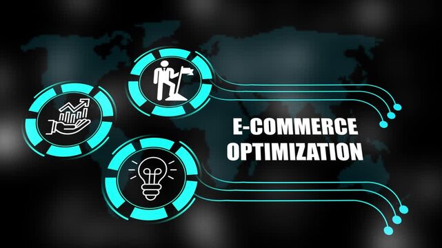 e-commerce optimization  concept with icons of business, responsibility, customers, integrity, goals, teamwork, commitment and innovation. 4k animation.