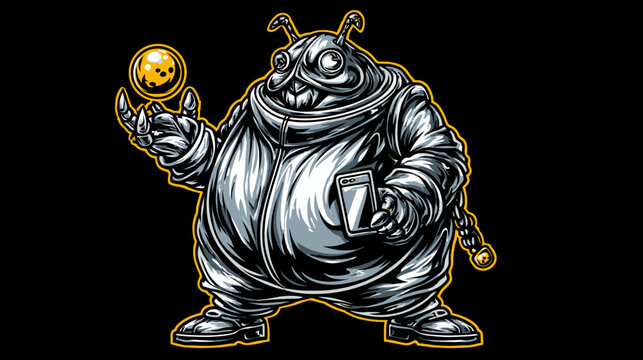 A cartoon alien in a zipped outfit holds a glowing orb and a device on a black backdrop